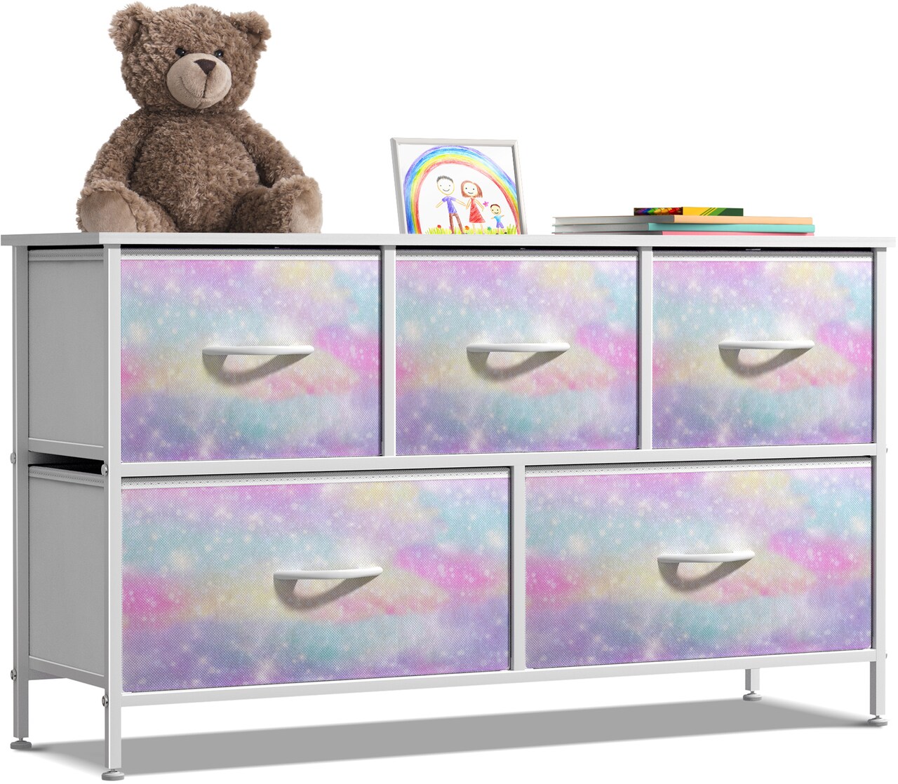 Sorbus Dresser with 5 Drawers - Storage Chest Organizer Unit with Steel Frame, Wood Top, Easy Pull Fabric Bins - Long Wide TV Stand for Bedroom Furniture, Hallway, Closet & Office Organization